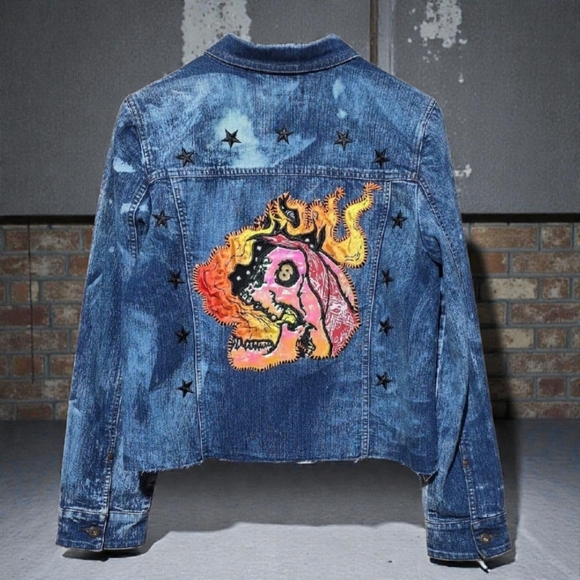 Upcycled Jackets & Blazers - Upcycled Skull And Stars Denim Jean Jacket With Brooches
